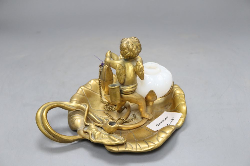 A Victorian ormolu cherub inkstand, length 20cm